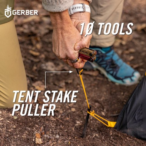 Gerber Gear Stakeout Spark - Multi-Tool Folding Knife for Backpacking, Survival, Camping, Outdoor - Pocket Tool w/Bottle Opener, Tent Stake Puller, Scissors, Tweezers - Coyote Brown
