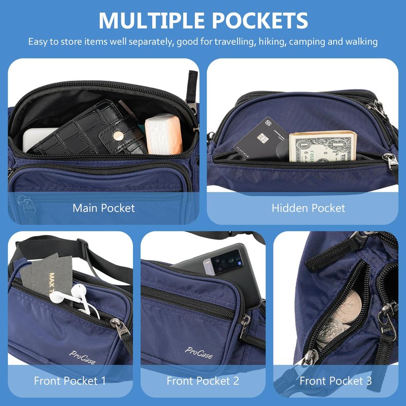 ProCase Fanny Pack Waist Packs for Men Women, Waist Bag Hip Pack for Travel Hiking Running Outdoor Sports -Navy, Large