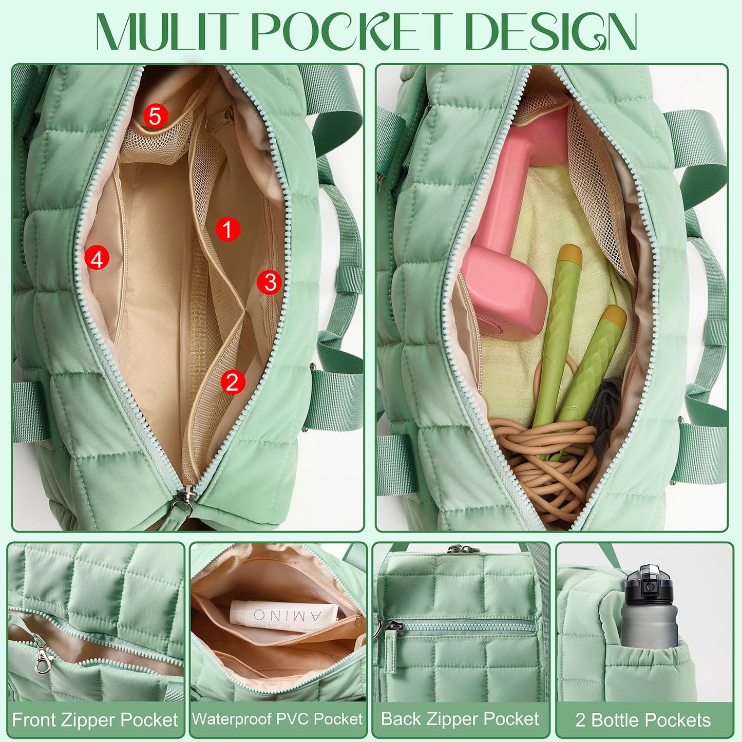 Small Gym Bag for Women, Puffy Sports Duffel Bag with Yoga Mat Holder