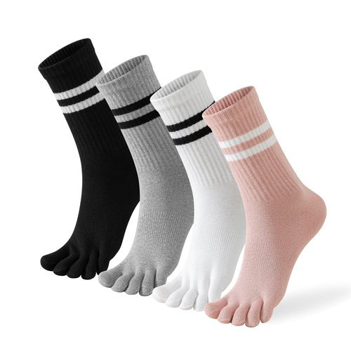 Toe Socks Women Five Fingers Crew Socks for Running Athletic Hiking Comfort Toe Separator Barefoot Sock 4 Pairs Pink White Black Grey