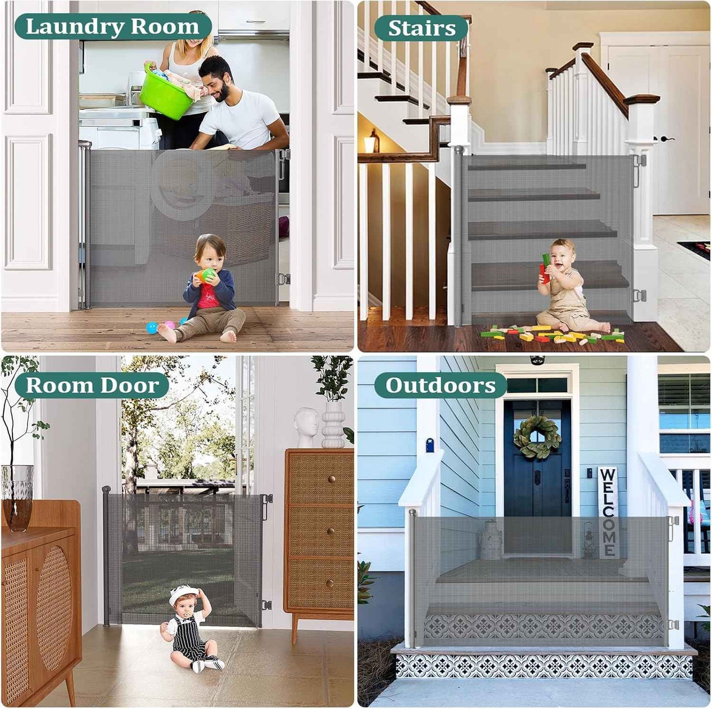 Extra Wide Retractable Baby Gate 55” x 38” | Child & Dog Safety Gate for Stairs, Doorways, Indoor/Outdoor - Gray