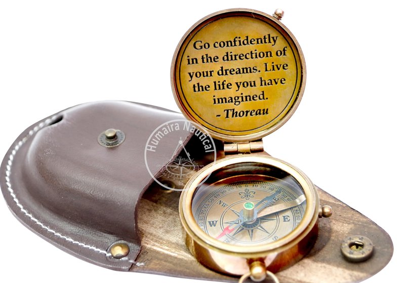 Thoreau's Go Confidently Engraved Graduation Gift for him, Camping Compass with Leather Pouch Boating Hiking Religious Gifts, Missionary Gifts Keepsake. Confirmation Gift Direction Compass