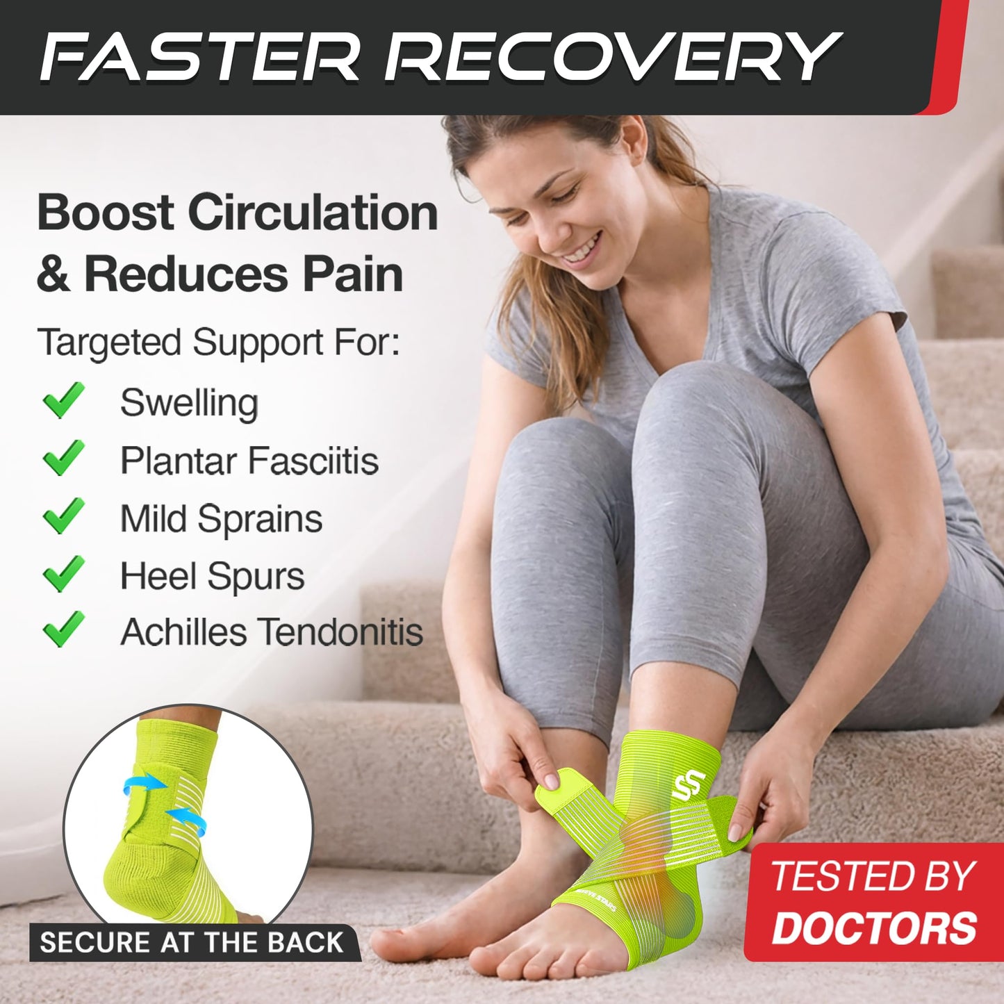 Sleeve Stars Ankle Brace for Women & Men, Ankle Wrap for Sprained Ankle, Compression Sleeve for Plantar Fasciitis Relief, Easy Customizable Support: w/ Removable Strap (Pair/M:10"-12"/Neon Yellow Green)