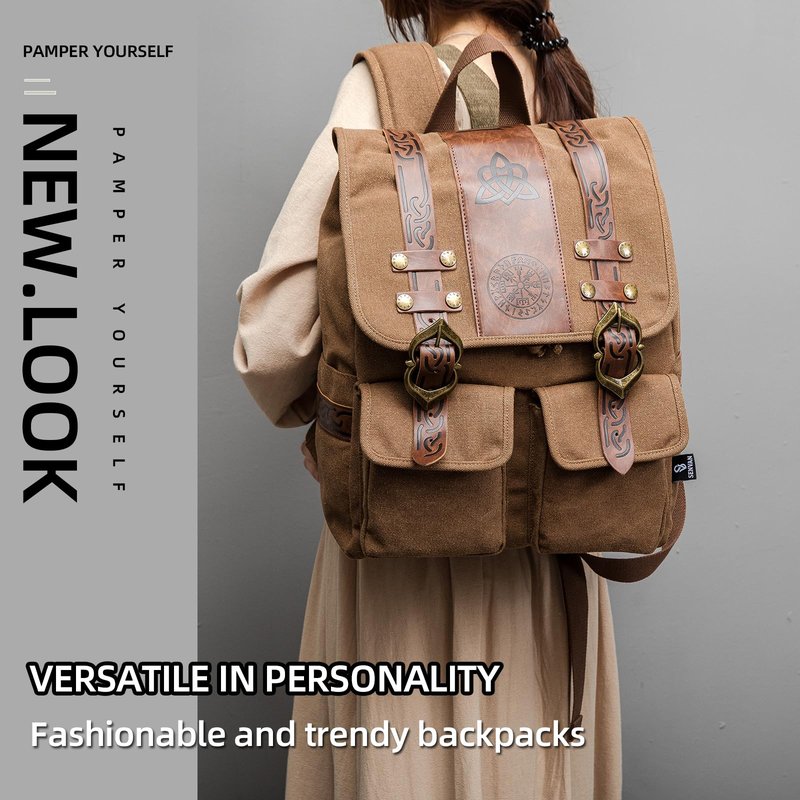 SV SENVAN Medieval Renaissance Backpack –Viking Medieval Canvas Bag for LARP, Travel & Cosplay with Metal Hardware