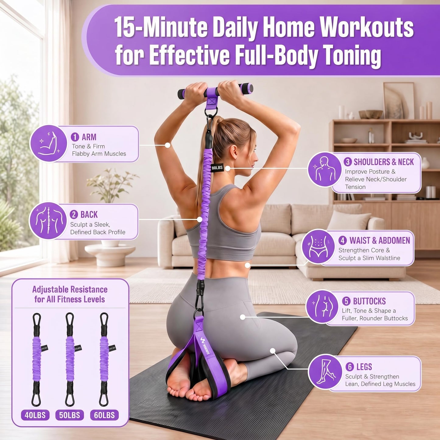 WHATAFIT Upgraded Multifunction Pedal Resistance Band with Handles, 3-Tube Adjustable Foot Pedal Exercise Band, Ankle Straps Included, for Abs Core Leg Arm Waist Full Body Workout Pink Purple