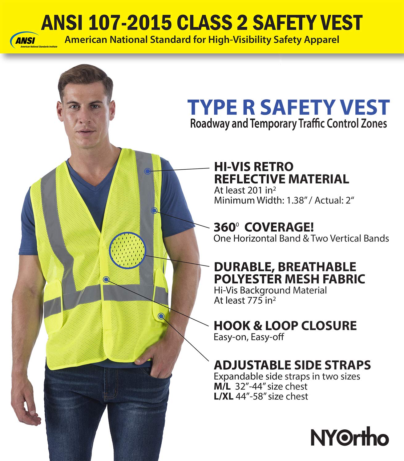 NYOrtho High Visibility Reflective Safety Vest – ANSI/ISEA Class 2 Hi Vis Vest for Men & Women – Neon Yellow Mesh – Super Reflective Strips – Lightweight Work & Traffic Safety Gear