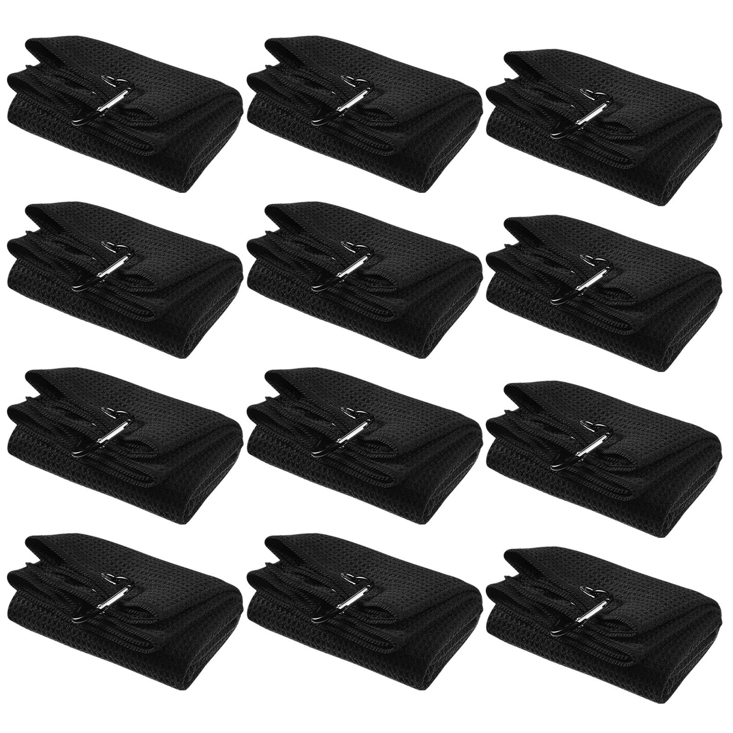 Meanplan 12 Pcs Microfiber Fabric Golf Towel 16 x 23 Inch Tri Fold Towels for Golf Bags with Heavy Duty Clip Waffle Pattern Towel for Men Women Club Gifts(Black)