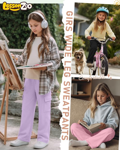LessonZoo 3 Pack Girl's Lightweight Wide Leg Sweatpants Cargo Pants Baggy High Waisted Joggers Teen Girl Pants with Pockets(Light Purple, Pink, Black,9-10 Y)