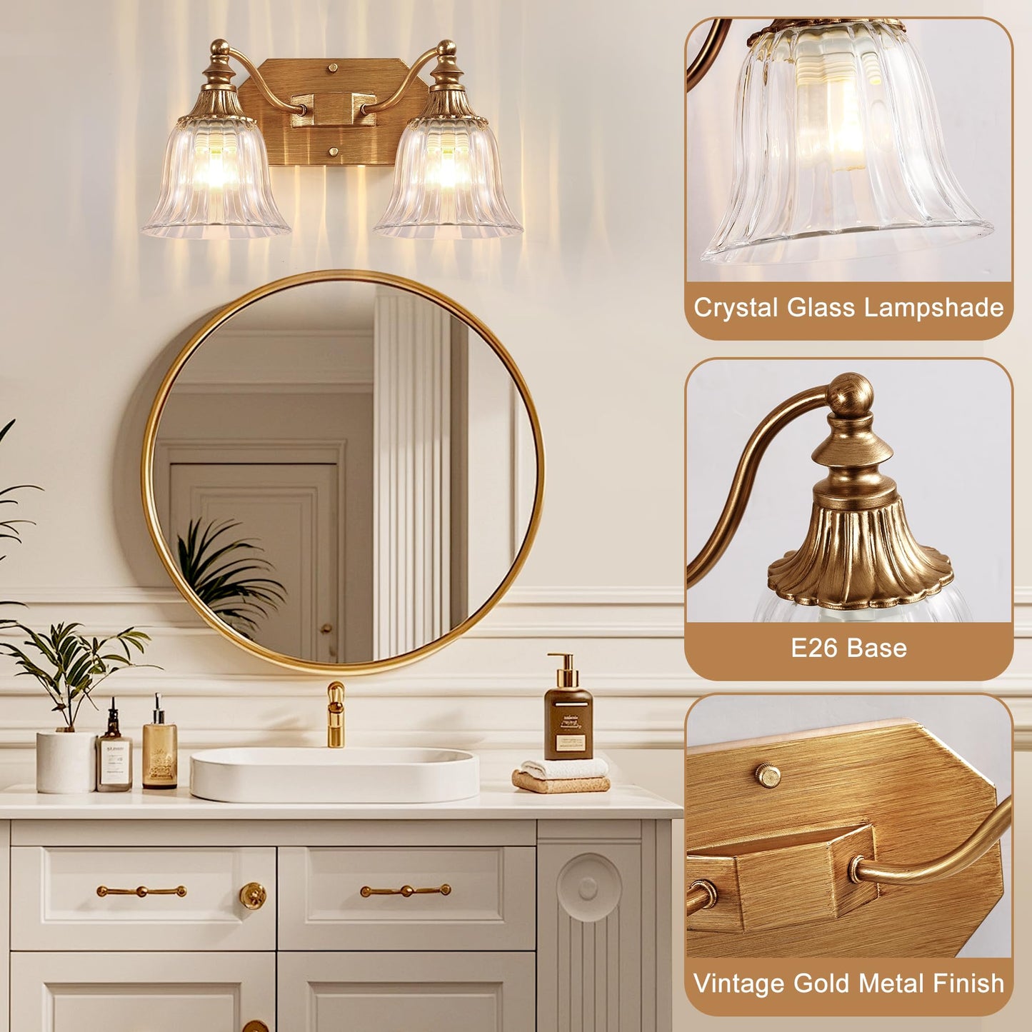 DvmTeom Gold Vintage Bathroom Light Fixtures, 2-Lights Bathroom Vanity Light, Antique Brushed Gold Lighting Fixtures Over Mirror with Crystal Glass Shade, Wall Sconce Lighting