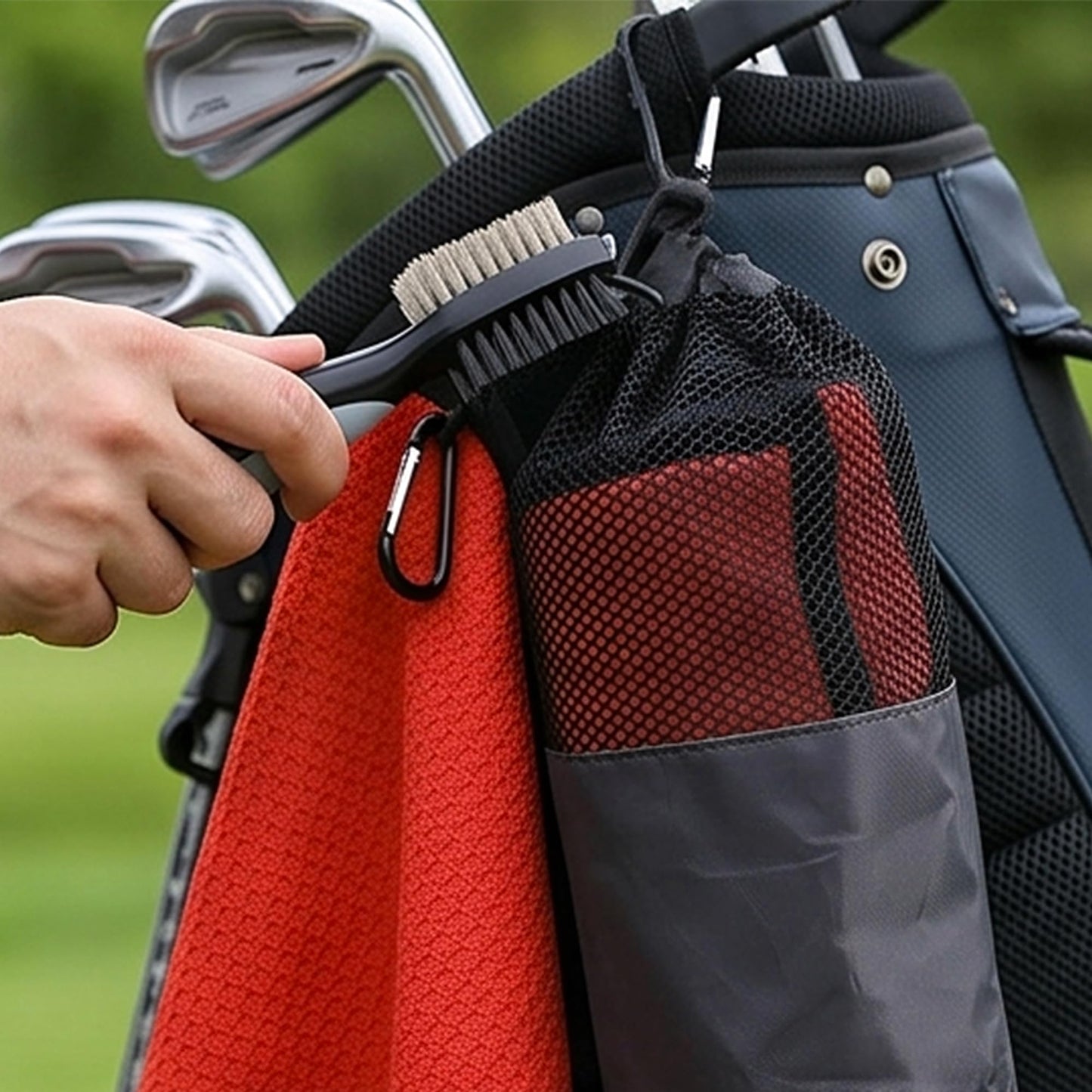 2-Pack Golf Towel & Club Brush Set – Microfiber Waffle Towels + Retractable Groove Cleaners – Bonus Carry Pouch – Lint-Free & Fast Drying (Red and Blue)
