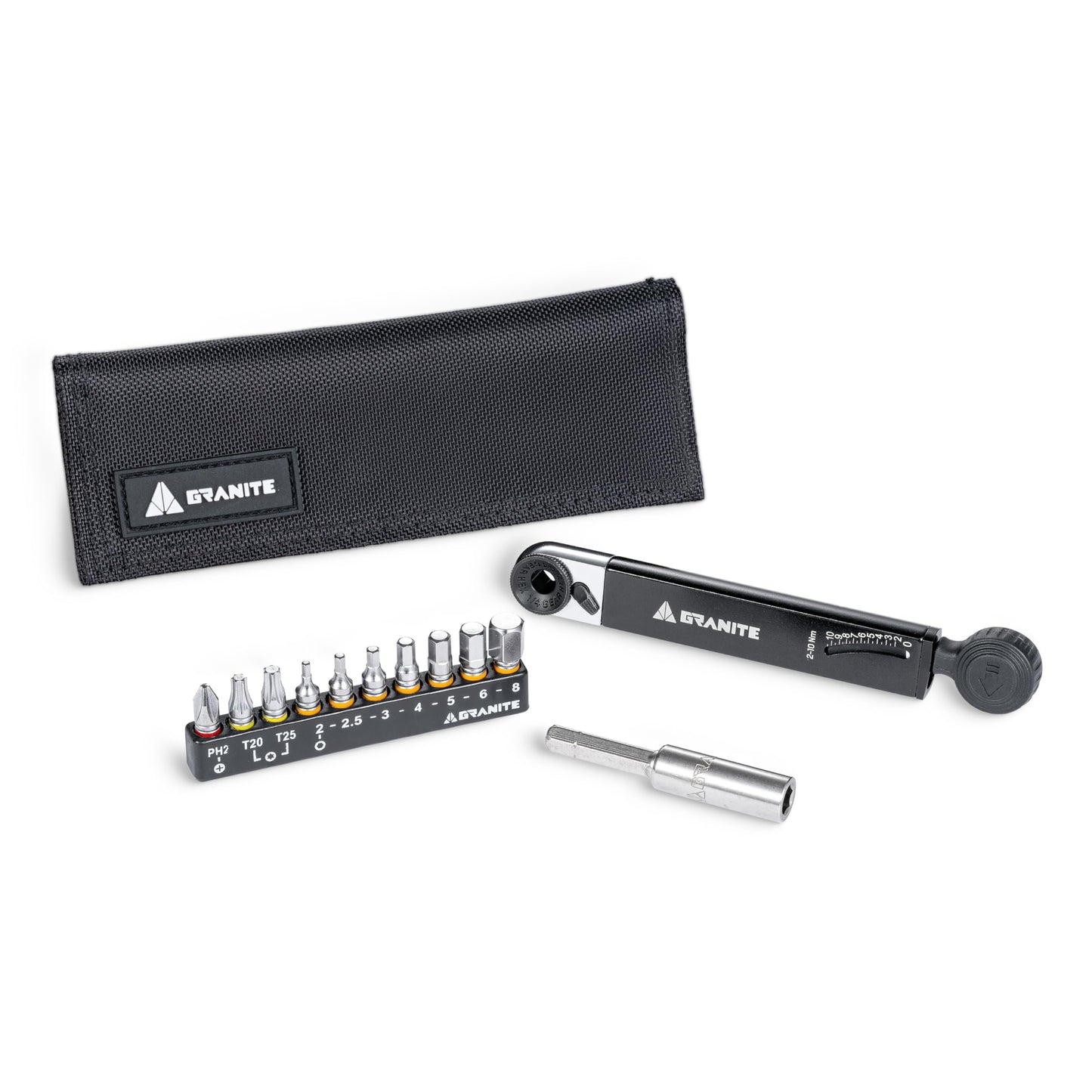Granite Rocknroll TQ Torque Ratchet Bike Tool Kit, Bike Multitool Kit with 10 Tool Bits and Extension Rod, Portable Torque Ratchet Tool Kit for Mountain Bike, Road Bike and Gravel Bike (Black)