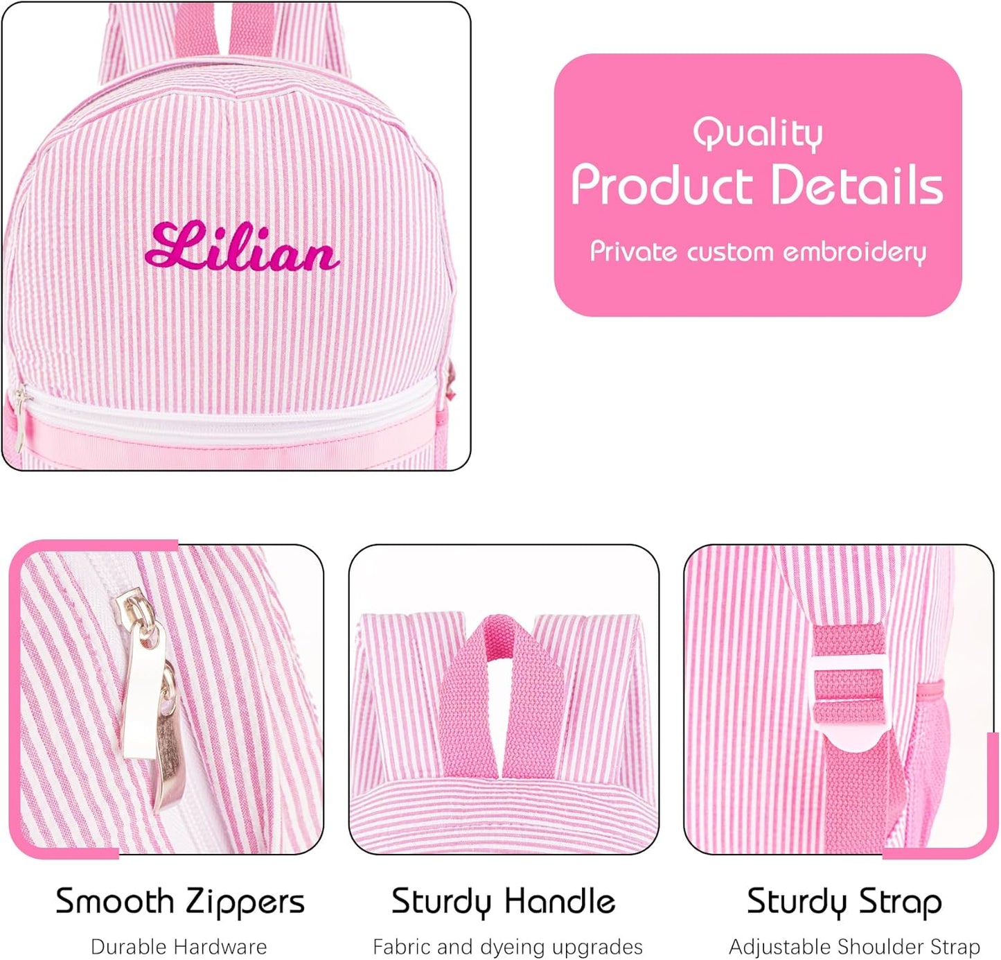 MT WORLD Personalized Toddler Backpack - Embroidered Name Seersucker Design for Girls 2-4 (Pink)