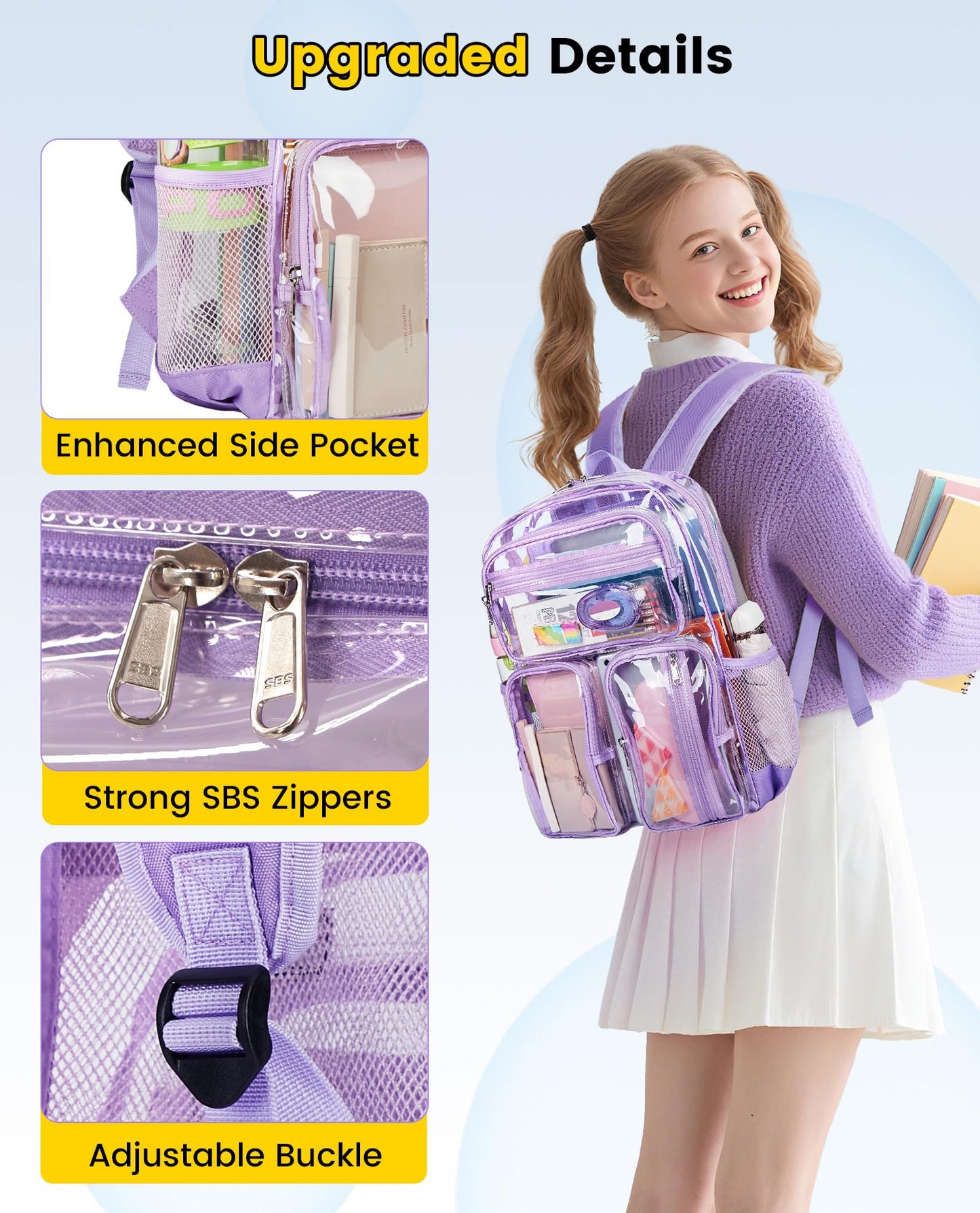 Vorspack Clear Backpack Heavy Duty - See Through Bookbag for Girls Boys Large Transparent Backpacks for Work, Travel, Festival - Purple