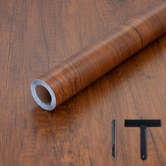 Decoroom Wood Grain Contact Paper with Tools, 17.71" X 118" Brown Peel and Stick Wallpaper, Self-Adhesive Wood Wallpaper Removable for Old Furniture Kitchen Cabinets