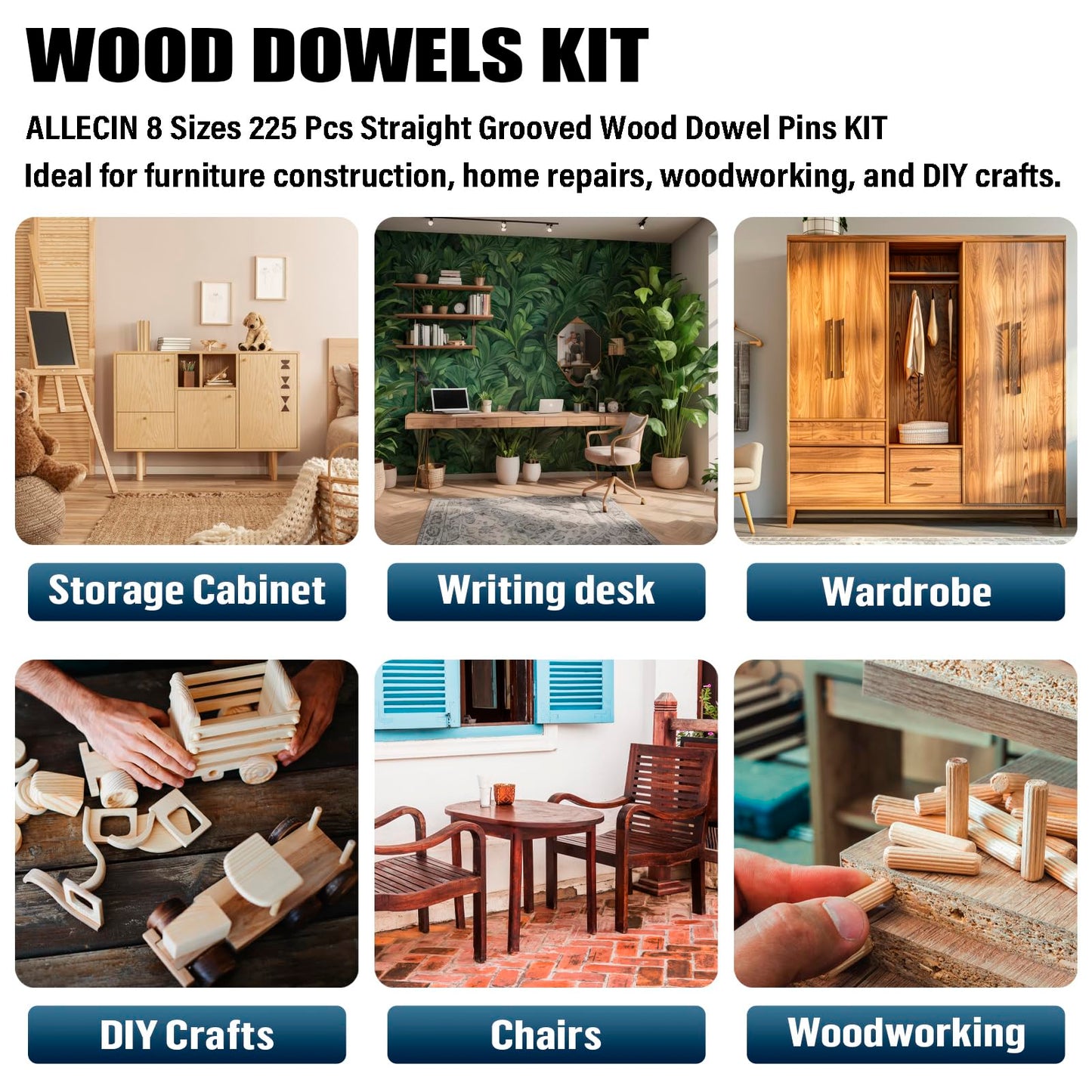 ALLECIN 5 Sizes 250Pcs Wooden Dowel Pins Kit 1/4 3/8 5/16 Inch Small Fluted Wood Dowels Pegs Hardwood Pin for Furniture Woodworking Crafts