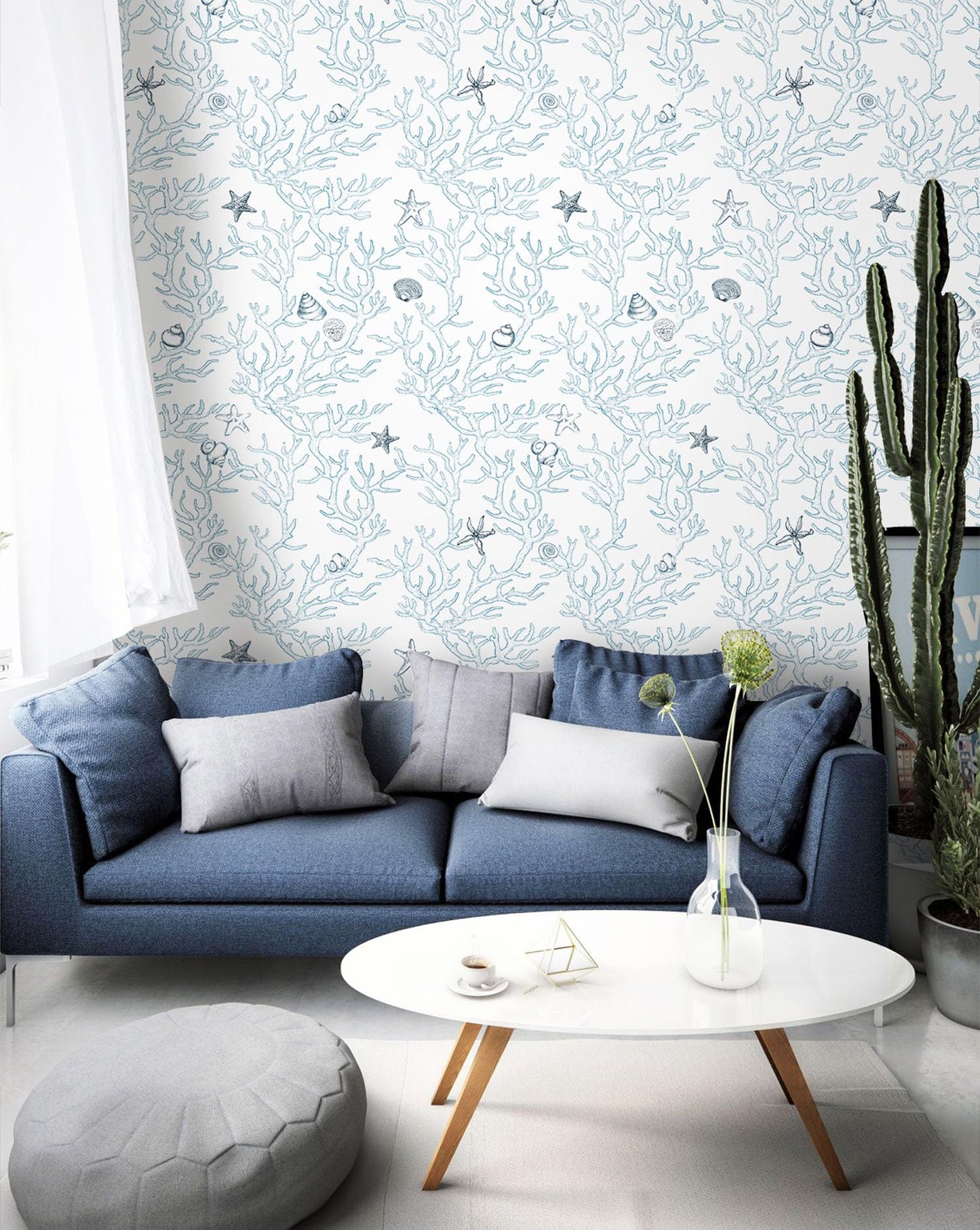 Akywall Ocean Wallpaper Peel and Stick White and Blue Contact Paper Textured Sea Coral Starfish Shells Self Adhesive Vinyl Roll Stick on Wallcovering Cute for Home Decor 118in