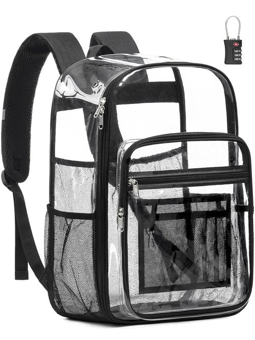 Flowston Extra Large Clear Backpack with TSA Lock, Heavy Duty Transparent See Through Clear Bookbag for College, Work, Travel, Casual Sport, Black