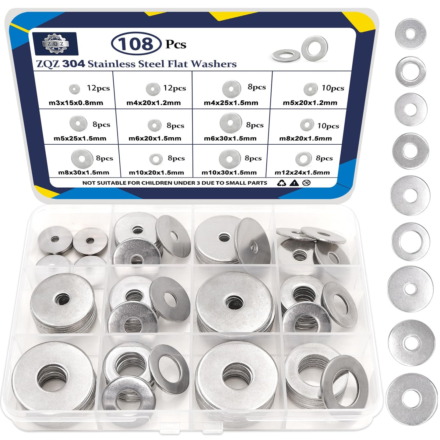 ZQZ 108Pcs Flat Washers, 304 Stainless Steel Fender Washers Assortment, 12 Different Sizes Wide Washer M3 M4 M5 M6 M8 M10 M12 Assorted Flatwashers Kit