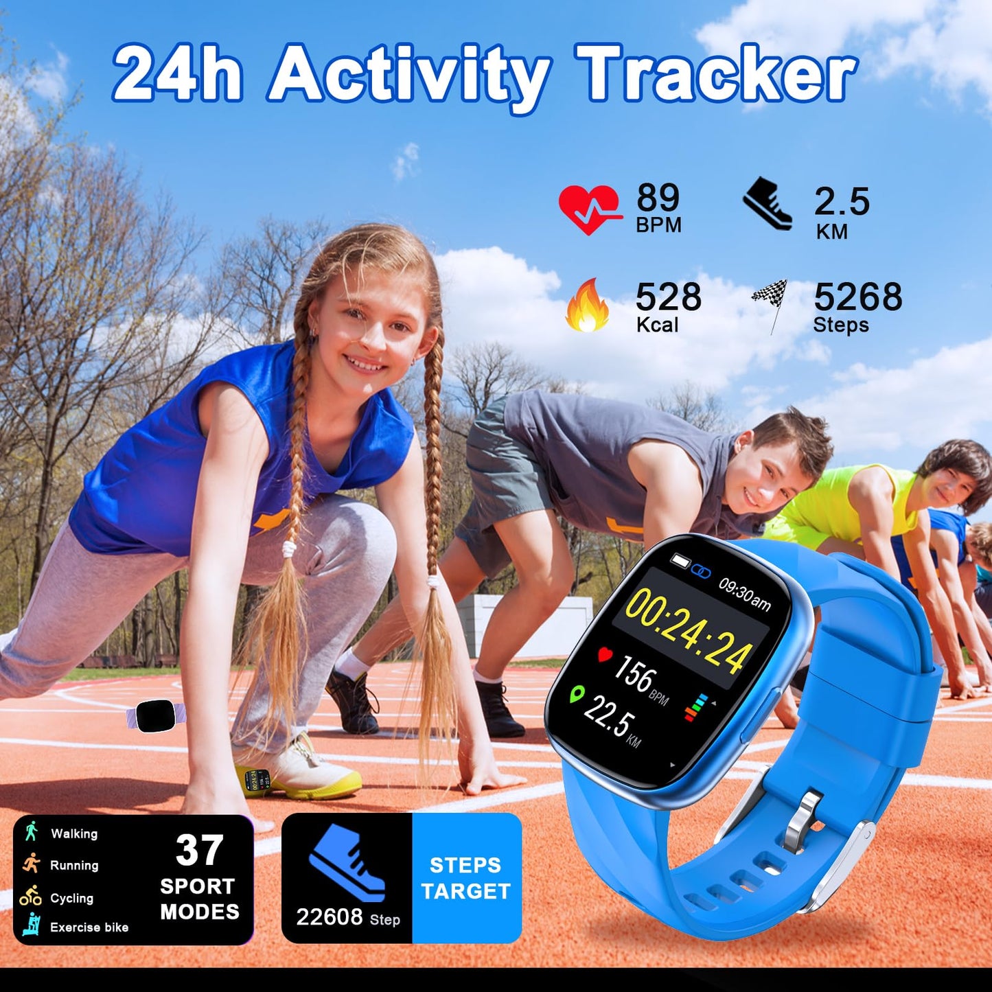 AYATAHA Kids Watch, Digital Watch for Boys Girls, IP67 Waterproof Games Fitness Tracker with 20+ Sport Modes, Sleep Monitor, Music, Games, Great Sports Watches Gift for Teens Kids (Blue)