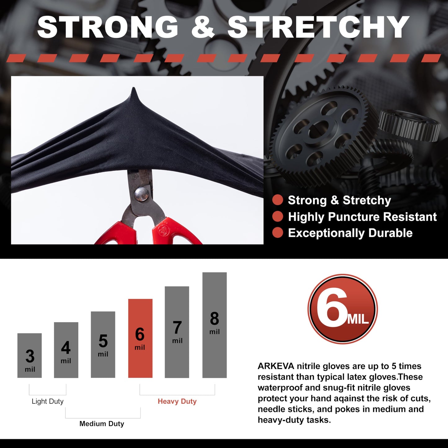 ARKEVA Black Nitrile Disposable Gloves 6 Mil. Chemical Resistance, Tear-Resistance, Latex & Powder Free (100, Large)