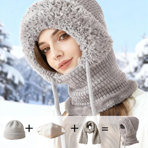 3 in 1 Beanie Hat with Scarf and Mask, Women’s Plush-Lined Winter Balaclava, Wind-Resistant Knitted Hooded Scarf & Ski Mask Set for Cold Weather (Grey)