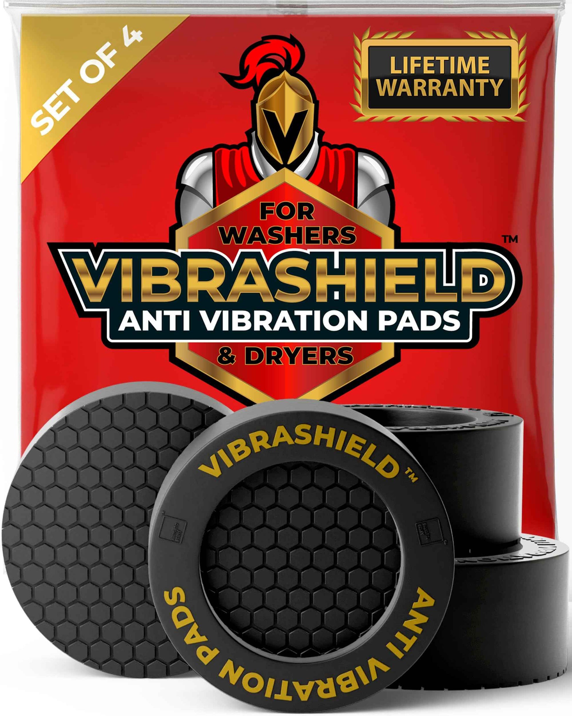 Anti Vibration Pads for Washing Machine with HexaGrip - Stops Washer Dryer Moving, Walking - Prevents Noise, Vibration Transfer - Rubber Antivibration Stabilizer Support Feet Mat - VIBRASHIELD 4 Pack