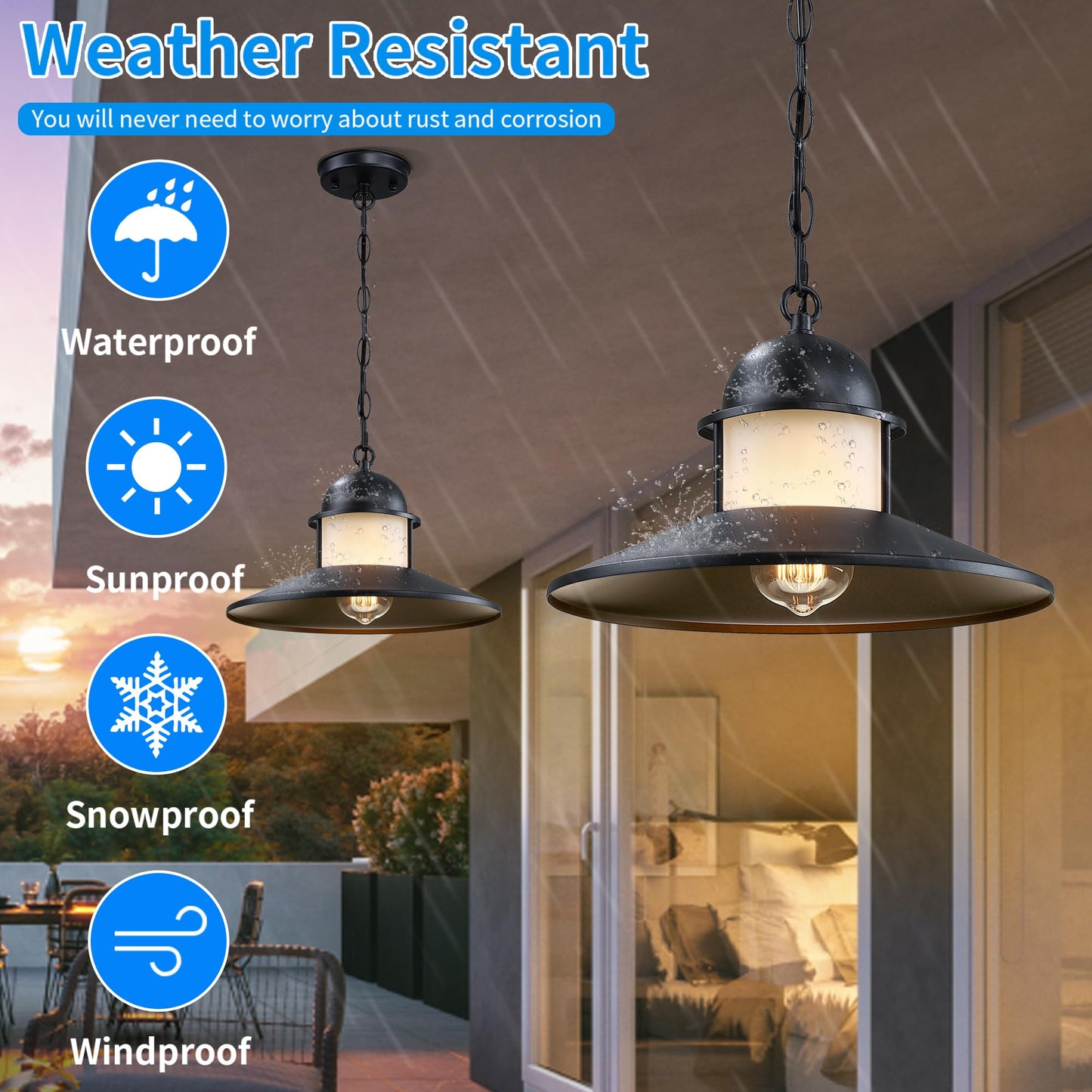 DOCIUEON Outdoor Pendant Light 2 Pack, Modern Outside Chandelier Outdoor Hanging Lantern Light in Matte Black with Frosted Glass, Exterior Pendant Lighting Fixture Ceiling Mount for Porch Patio Gazebo