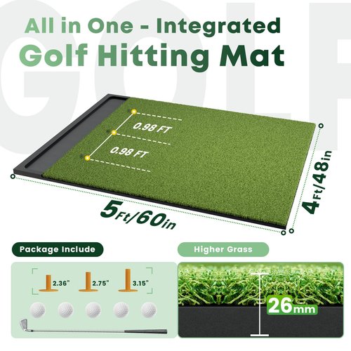 Integrated Golf Mat with Ball Tray, 5x4ft Practice Mat Set, Thickening Golf Mats Practice Outdoor & Indoor, Artificial Turf Matt Includ Balls,Tees, Club