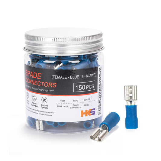 HKS 150PCS Blue Female Vinyl Insulated Spade Connectors, 16-14 AWG (1.5-2.0 mm²) Quick Disconnect Terminals, 4.8 mm (3/16") PVC-Sleeved Tinned Brass Wire Connectors Kit