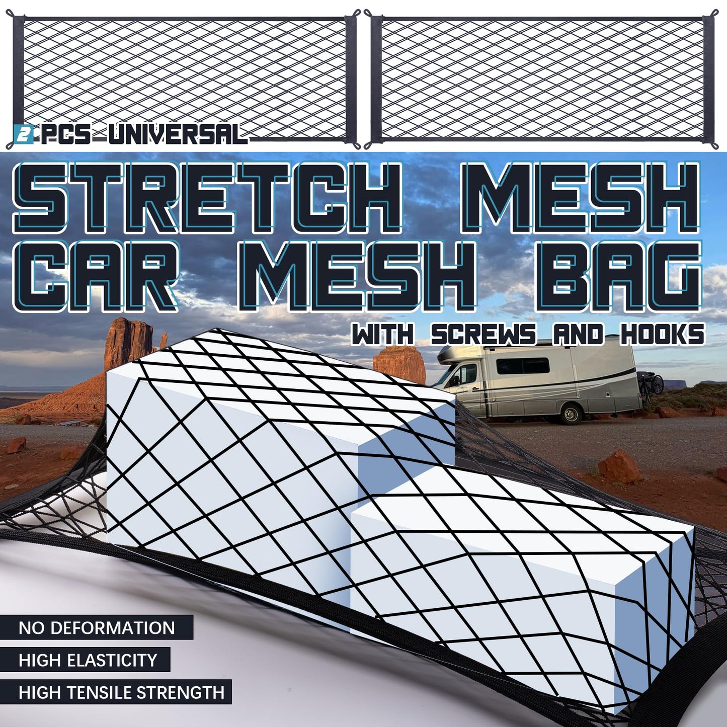 MWMNUN 2 Pcs Universal Stretch Mesh Car Mesh Bag with Screws and Hooks for Trunk RV Boats Home Cargo Storage (25.6'' x 9.8'')