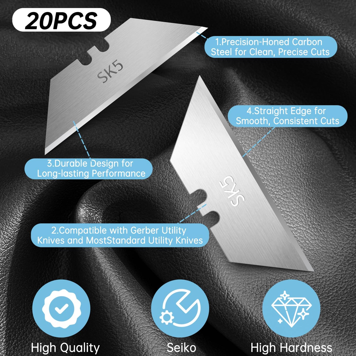 Utility Knife Blades for Gerber Utility Knife, 20 Pack Replacement Blades, Durable SK5 Steel Heavy Duty Box Cutter, Non-Rusting with Plastic Case, for Most Standard Utility Knives