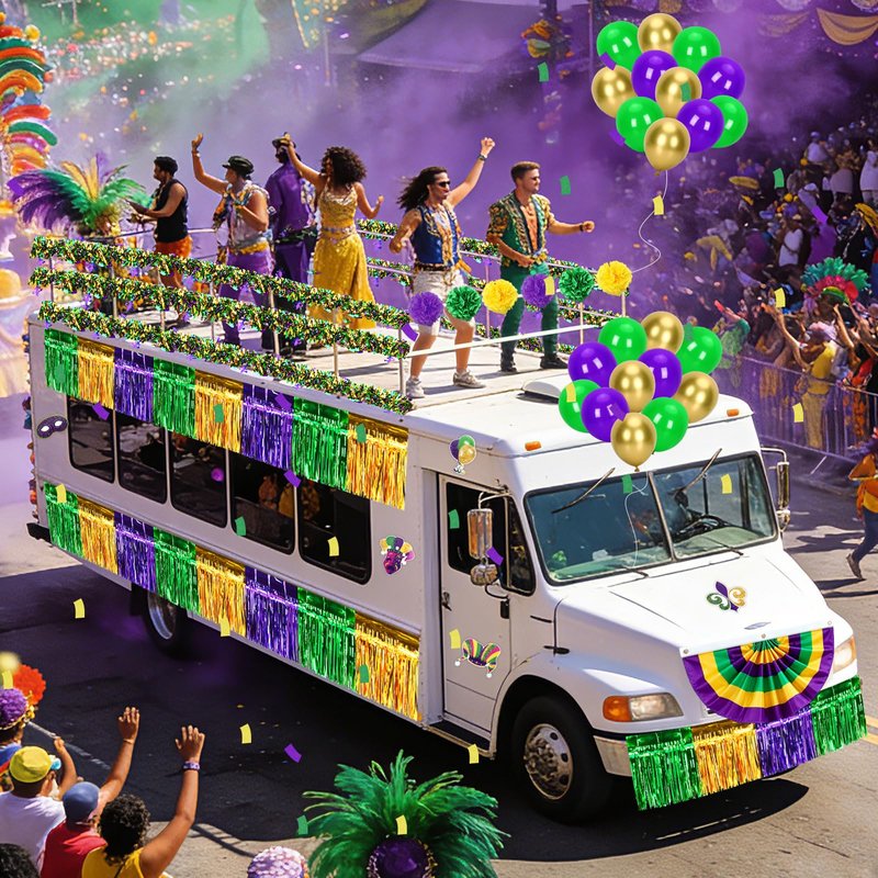 UPINS 57 Pcs Mardi Gras Decorations Kit, Mardi Gras Float Decorations Golf Cart Decorations for Parade, Includes Bunting Flag Garland Tinsel Fringe Streamers Balloons (Purple Green Gold)