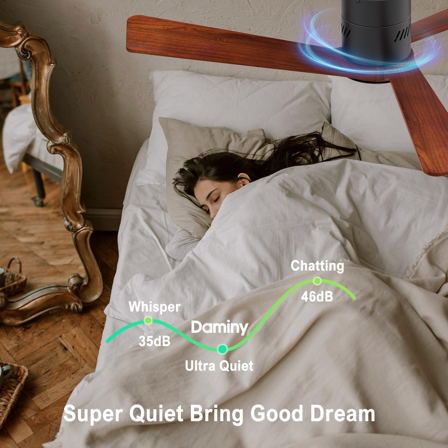 DAMINY Natural Solid Wood 52 inch Ceiling Fan with Light,3 Blades,6CCT,Black Low Profile Ceiling Fan with Light and Remote Control,APP Control,Flush Mount