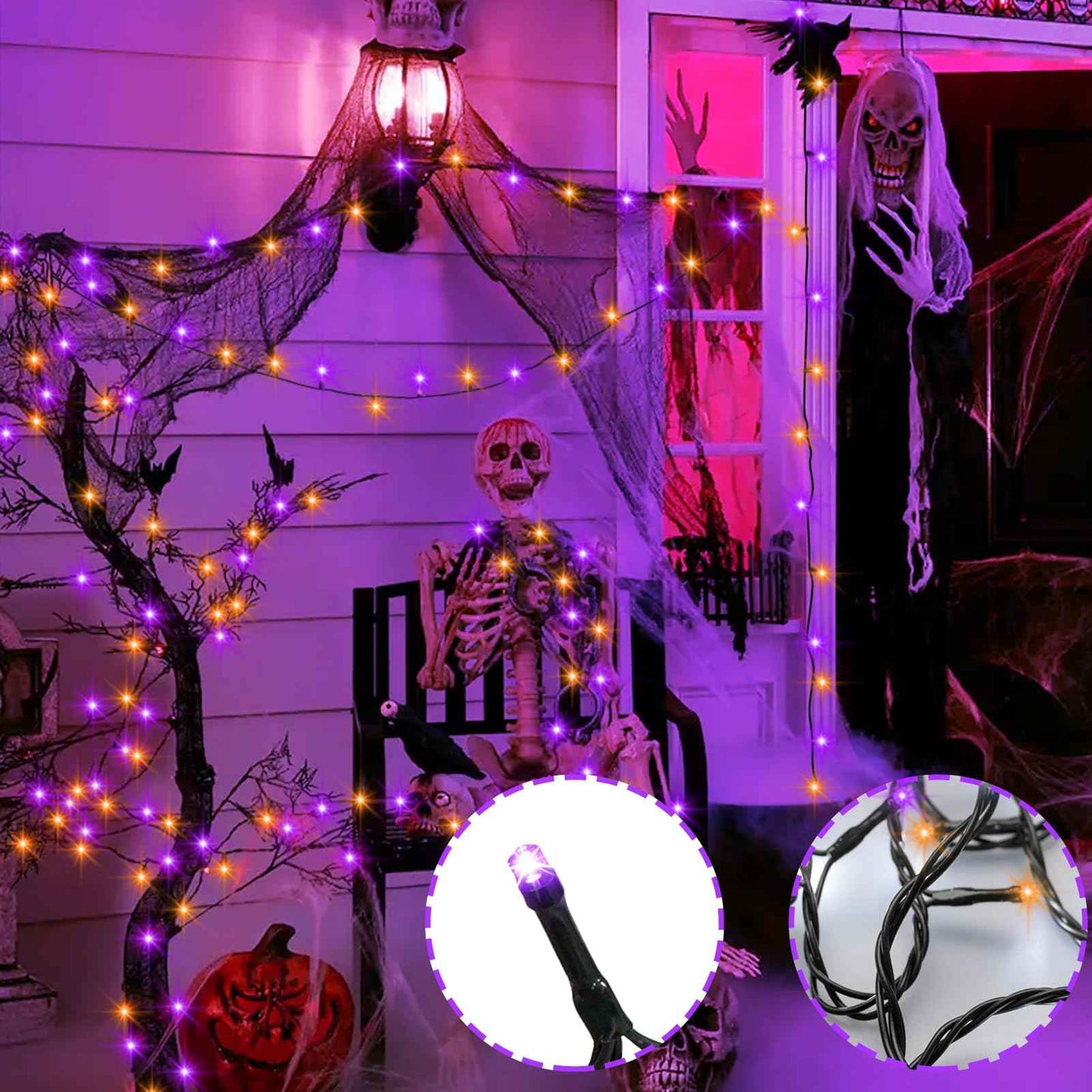 DealBeta 4 Pack Orange Purple Halloween String Lights Battery Operated, Each 16.4Ft 50 LED Indoor Halloween Lights with Timer 8 Modes for Party Yard Patio Decoration
