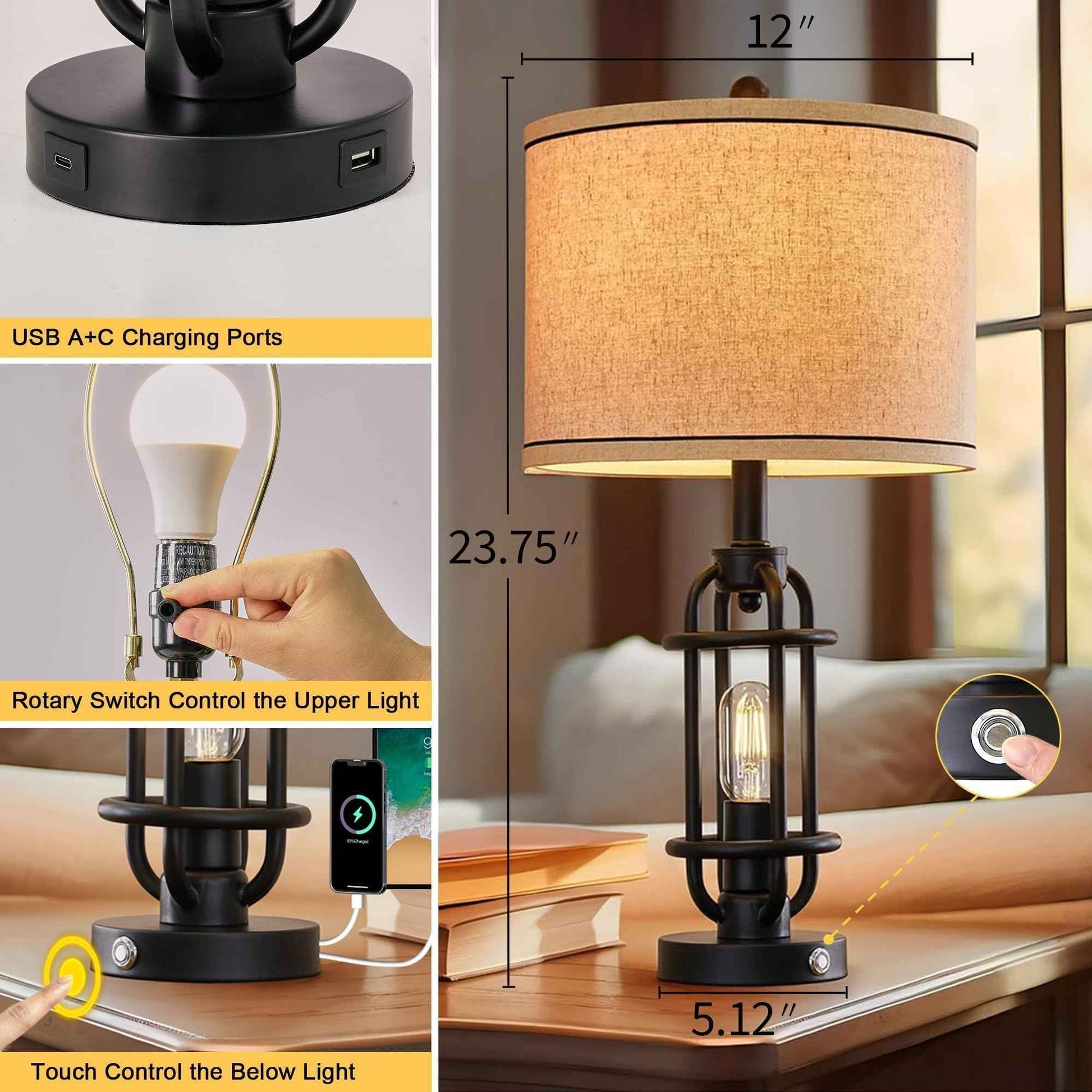 G-SAFAVA 23.75'' Industrial Black Metal Table Lamps Living Room Lamp for Nightstand Bedroom lamps Set of 2 Bedside End Side Table Lamps Home Decor Touch Lamp Modern Lamps With USB Port, Bulbs Included