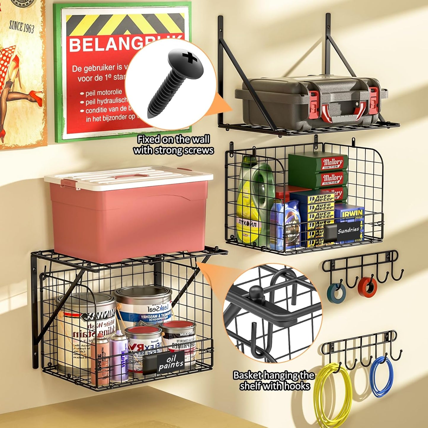 Heavy-Duty Wall-Mounted Garage Shelves with Wire Baskets & Hooks - 2 Pack Tool Organizer for Home & Garden Storage