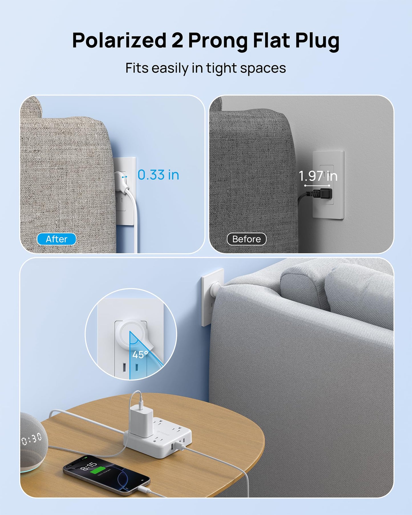TROND 2 Prong Power Strip - 2 Prong to 3 Prong Outlet Adapter, Polarized Flat Plug, 4 AC & 4 USB, 5ft Extension Cord, Wall Mountable Surge Protector Outlet for Non-Ground Socket in Old House, White
