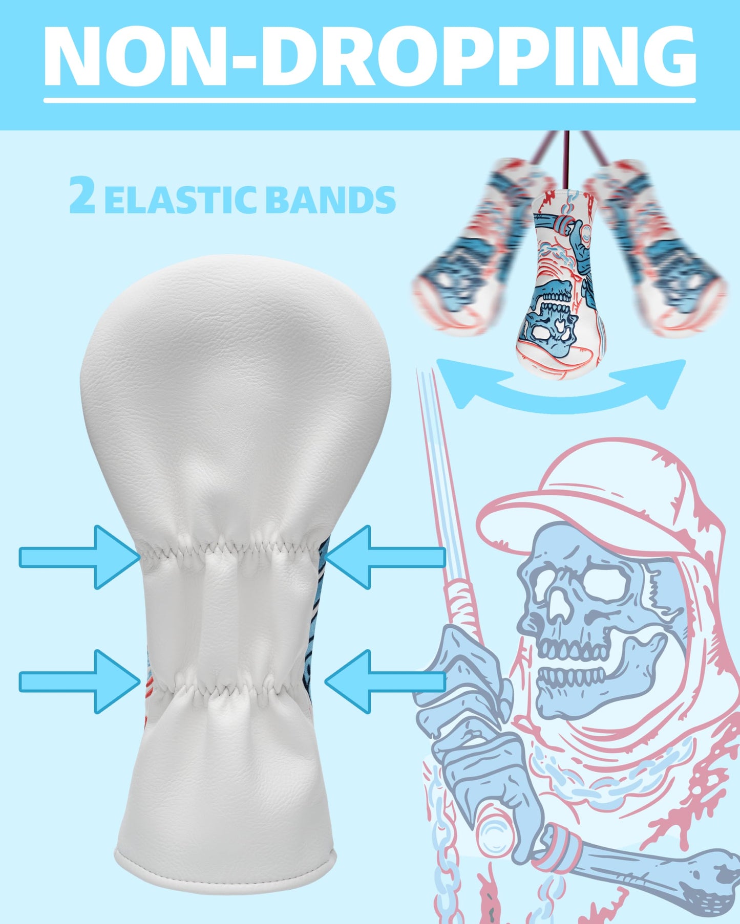 Golf Club Head Covers,1pc Skull Skeleton Driver Golf Headcovers for Woods, PU Leather with Advanced Embroidery for Most Brands-White