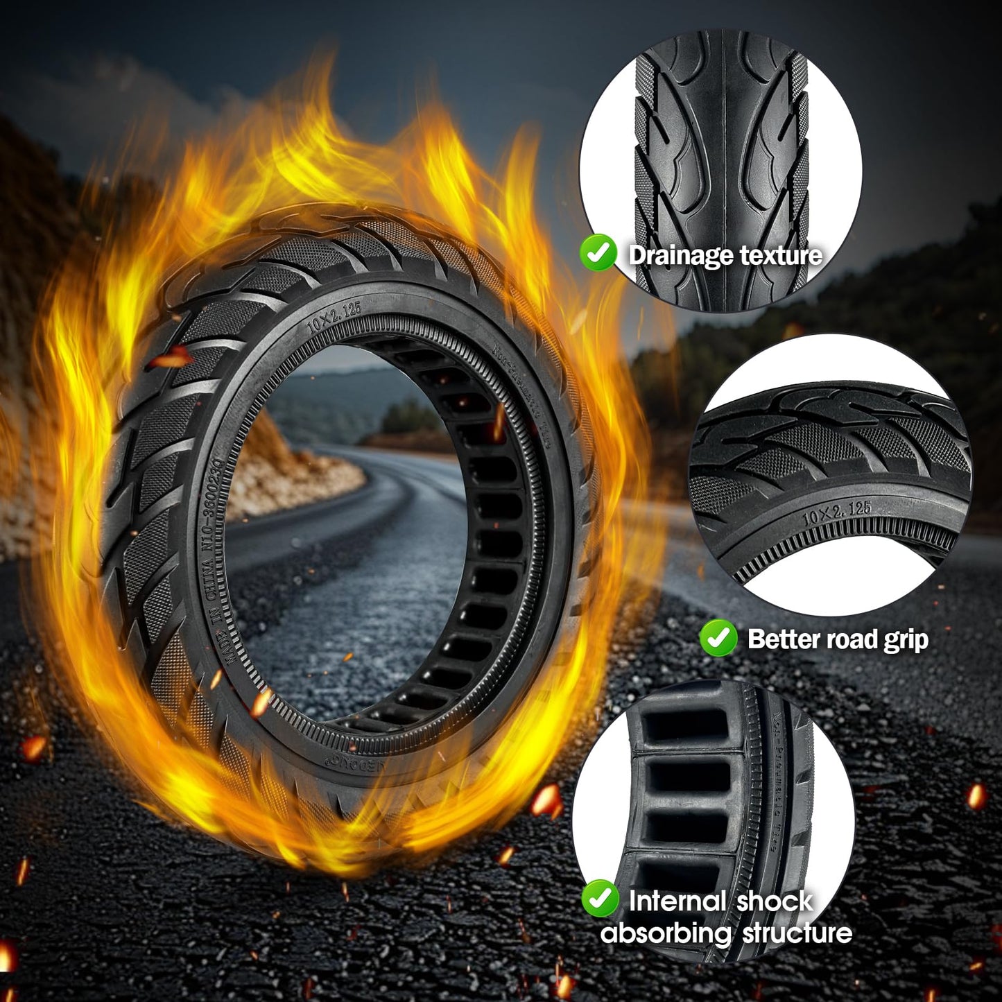 KTUMININV 10x2.125 Scooter Tire,10x2/54-152 electric Rubber Solid Tire for Gotrax G4/XR/V2 Ninebot F25/F65 Electric Scooter Front and Rear Replacement (2 Pack Black)