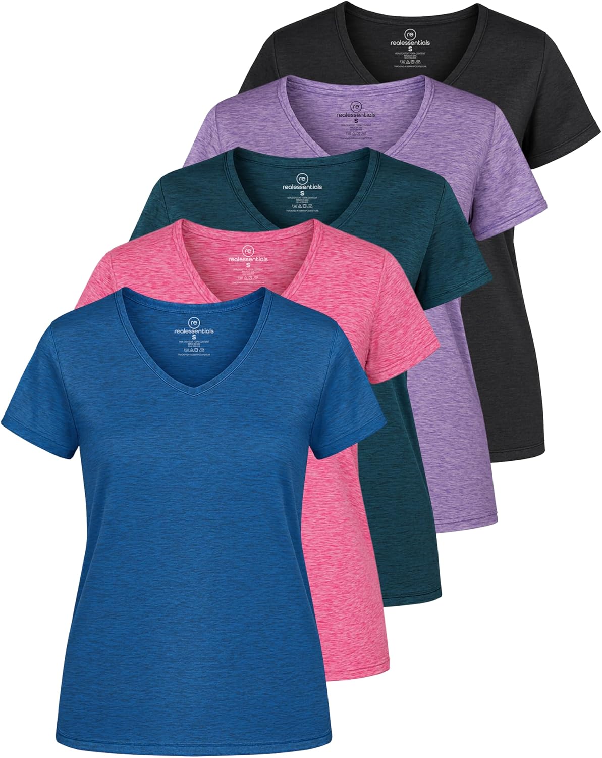 Real Essentials Women's Dry-Fit Short Sleeve V-Neck T-Shirt - 5 Pack Yoga & Fitness Tops | Plus Size Available