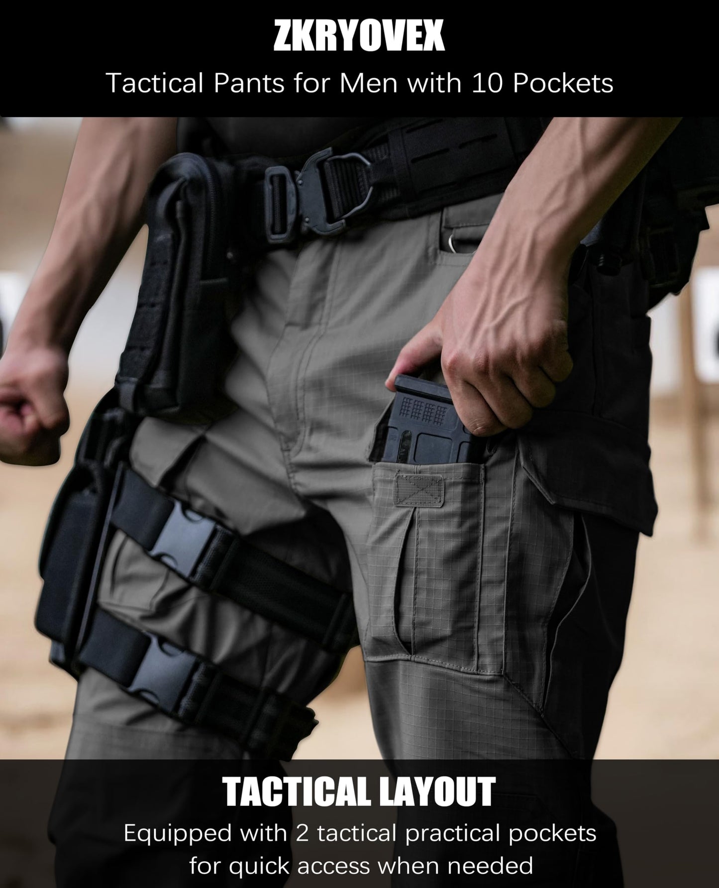 Men's Tactical Pants Water Resistant Stretch Cargo Ripstop Pants Lightweight Outdoor Military EDC Work Hiking Pants Grey 32W×34L
