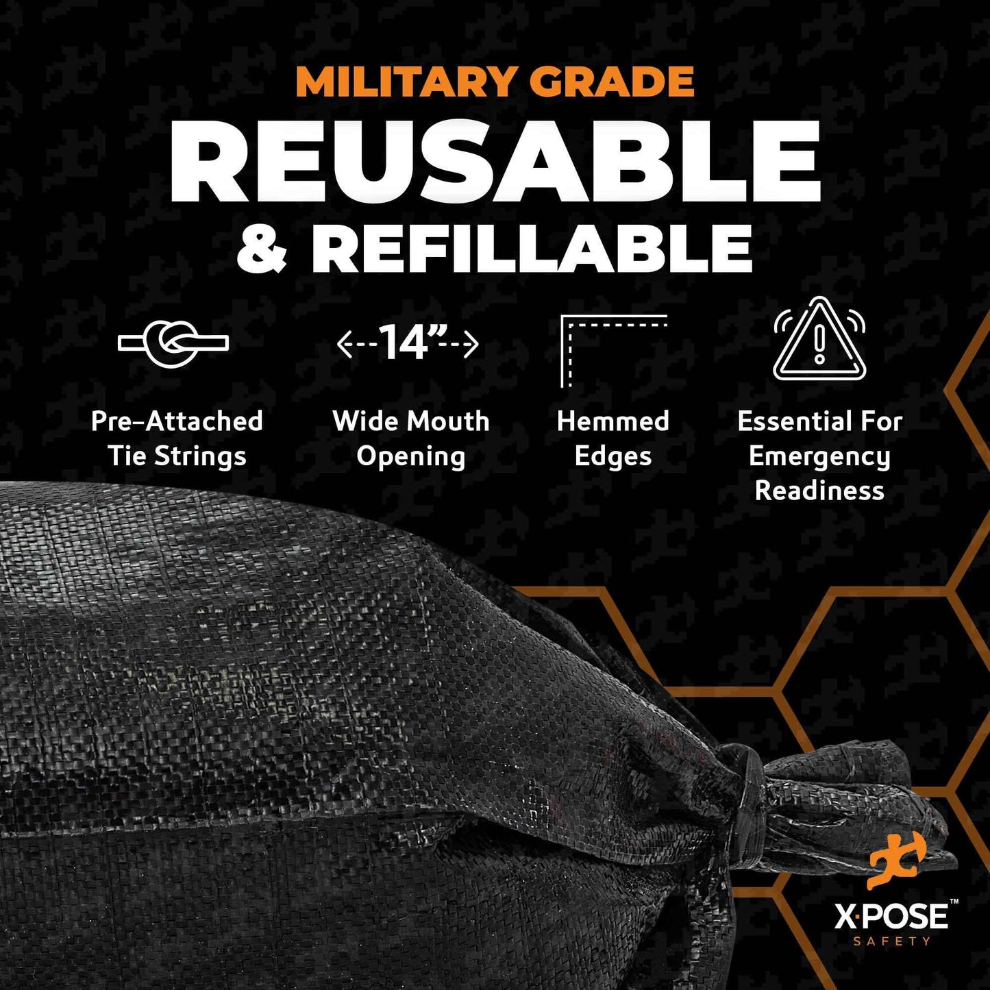 Xpose Safety Heavy Duty Sand Bags with Tie Strings – Empty Woven Polypropylene Sandbags for Hurricane Flood Protection, 100 lb Capacity, 14" x 26", Black, Pack of 100