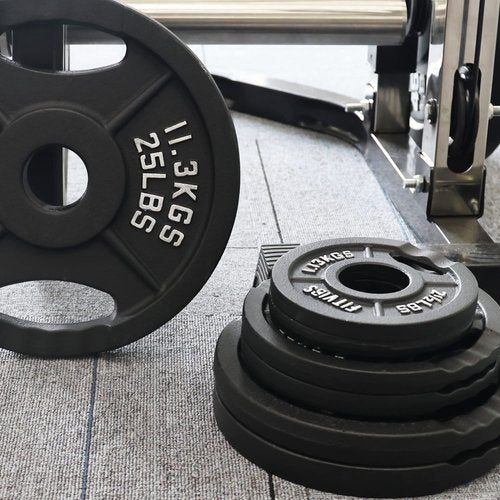 Signature Fitness Olympic 2-Inch Cast Iron Plate Weight Plate for Strength Training and Weightlifting, Style #2, 25LB Pair