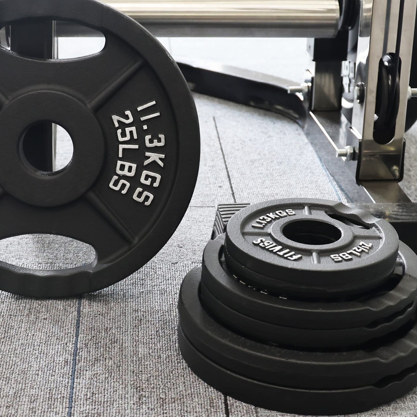 Signature Fitness Olympic 2-Inch Cast Iron Plate Weight Plate for Strength Training and Weightlifting, Style #2, 25LB Pair