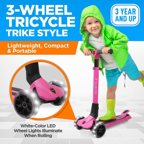Hurtle Kids Scooter - Child Toddler Kick Scooter Toy - 3 Wheel Scooter with Adjustable Height, Anti-Slip Deck, Flashing Wheel Lights, for Boys/Girls 3-10 Year Old