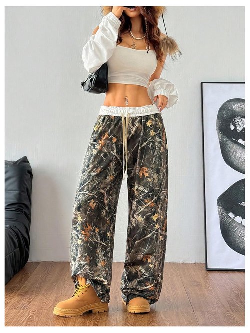 Floerns Women's Tree Print Camouflage Baggy Sweatpants Elastic Waist Drawstring Athletic Pants Green Multi X-Small