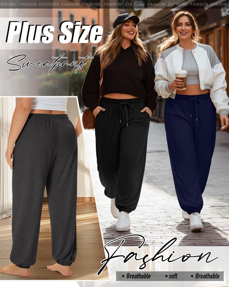 Evervibe 3 Pack Women's Plus Size Joggers, Drawstring Loose Fit Sweatpants Comfy Casual Lounge Pants with Pockets(Black, Dark Gray, Navy Blue,3X-Large)