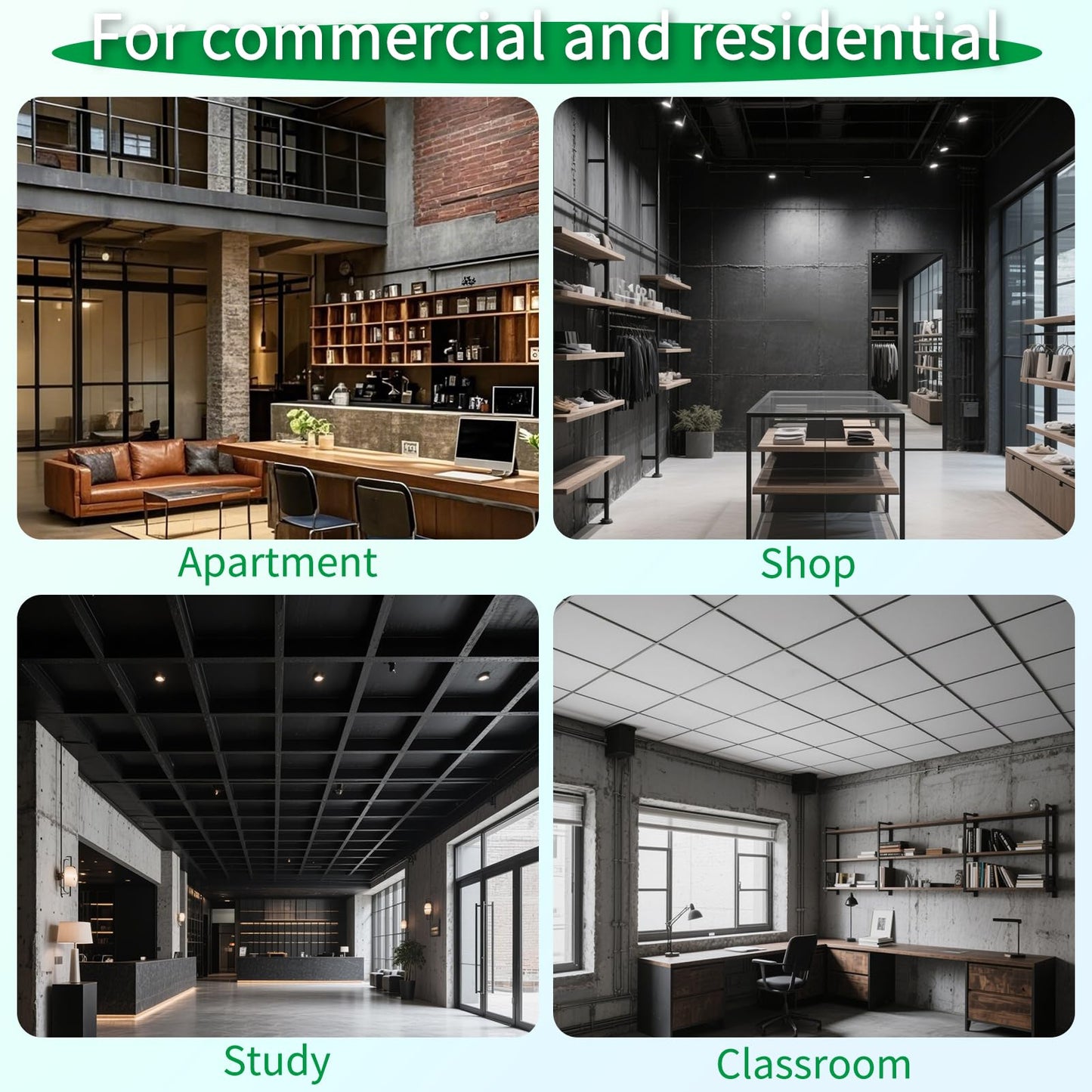 Art3d 24"x24" Smooth Drop Ceiling Tiles (48 Sq.Ft), 12-Pack 2ft x 2ft PVC Tiles for Home and Office, Waterproof and Reusable Plastic Ceiling, Black