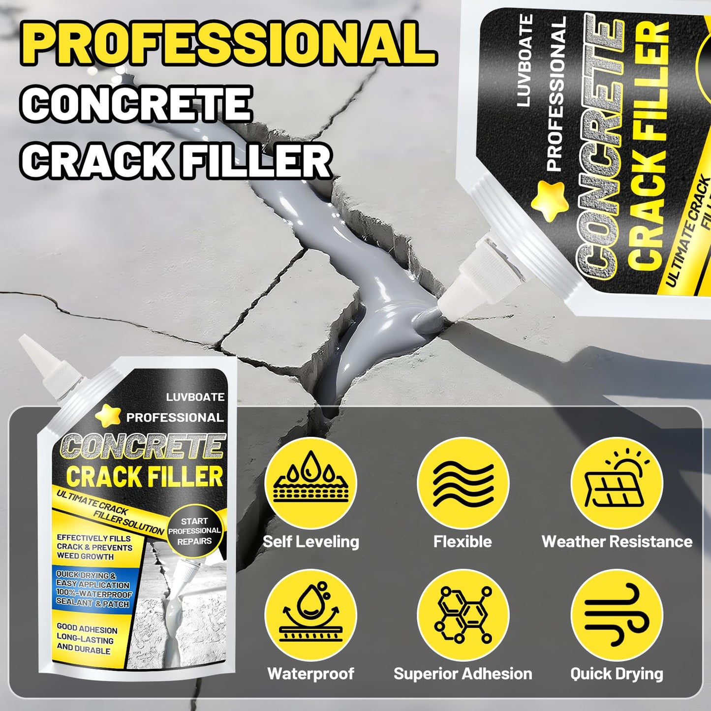 Concrete Crack Filler, 1.5LB High Elasticity Self Leveling Cement Crack Filler, Slab Concrete Waterproof Repair Sealant for Driveway, Walkway, Patio, Joint, Indoor and Outdoor - Grey (24.7oz)