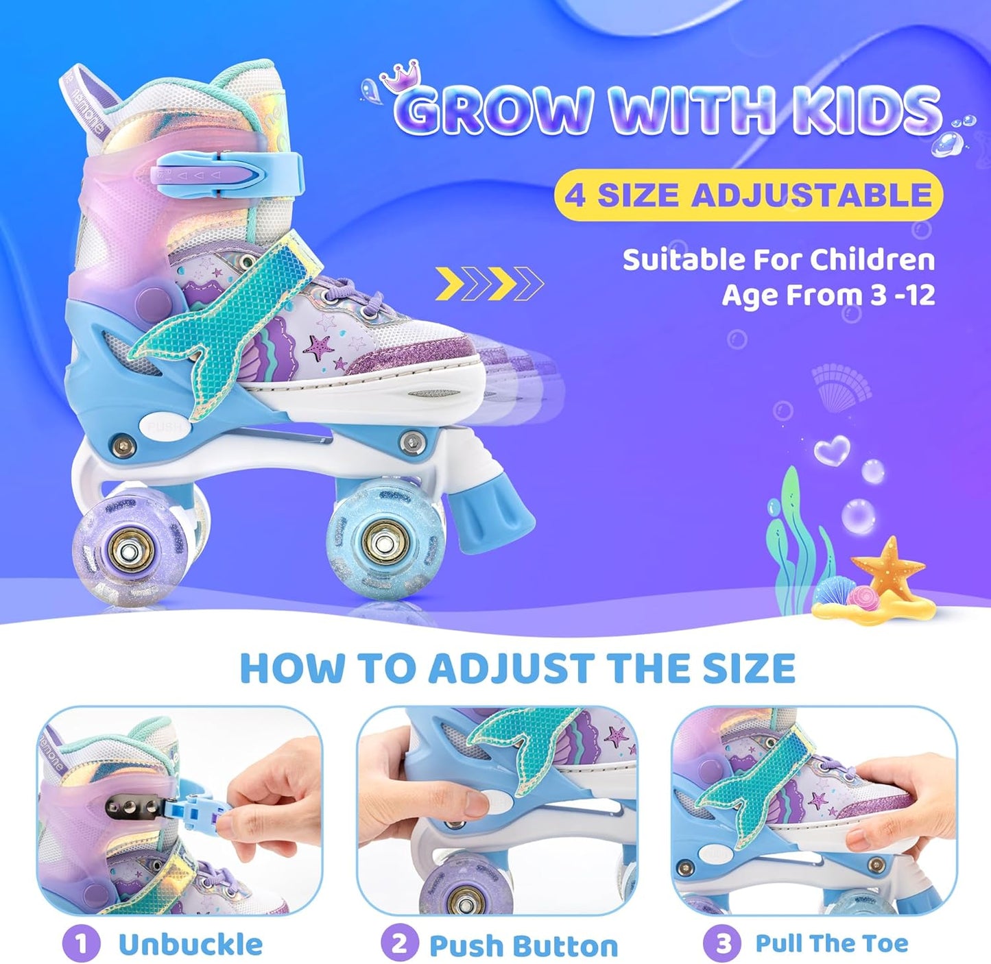 NEMONE Adjustable Light-Up Roller Skates for Girls | Purple & Blue | Perfect for Beginners & Toddlers
